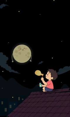 Girl sitting on a dark rooftop reaching up to a dull moon with a face and stick arms