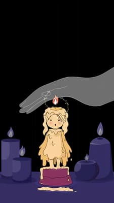 Startled girl with a candle flame burning on her head standing among tall lavender candles