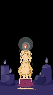 Serene girl with a flame on her head standing between two lit lavender candles