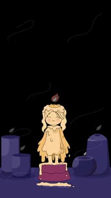 Girl with a small flame on her head spreading her arms among unlit lavender candles