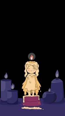 Girl with a flame on her head standing arms out between two lit lavender candles
