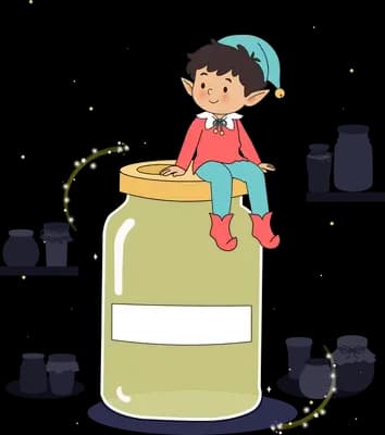 Elf in a long teal cap perched on a giant yellow jam jar with ants trailing up it