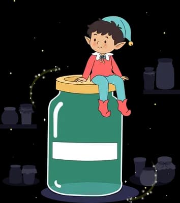 Elf in a long teal cap sitting atop a giant mint green jam jar with ants marching up