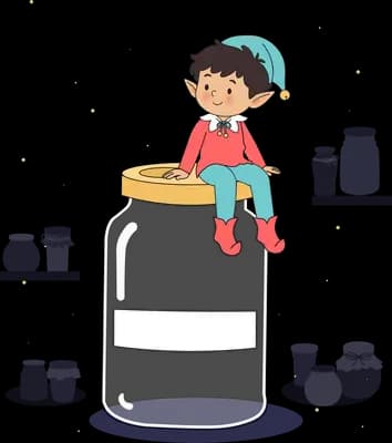 Elf perched on the rim of an empty glass jar in a pantry