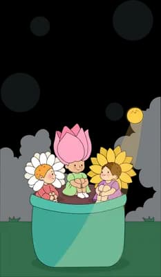 Teal flower pot of mixed blooms with a small sun shining from the right