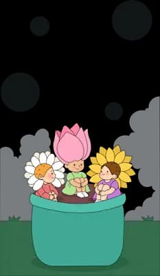 Tall pink tulip and yellow sunflower crowding a teal pot on the grass