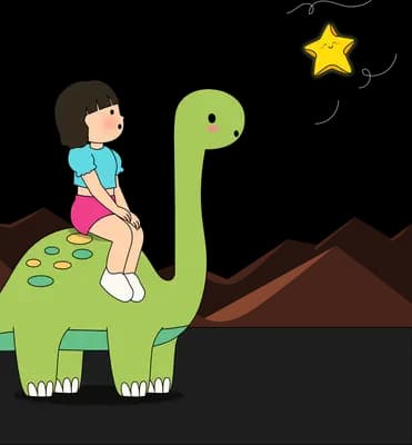 Girl on a green dinosaur reaching toward a yellow star above its head