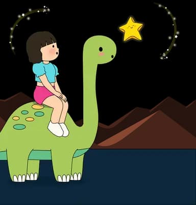 Girl on a dinosaur with dark scribbles swirling round her head beside a bright star