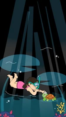 Mermaid with a green tail swimming toward a turtle inside a glass bowl under light beams
