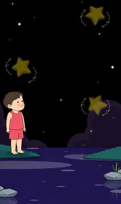 Boy in a red scarf reaching up as three yellow stars fall over a dark hilltop