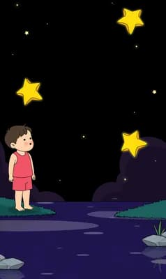 Boy catching one star while two more drift down over the dark hill