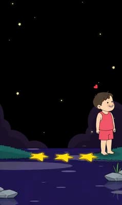 Boy standing over three stars lined up on the ground as a shooting star streaks down