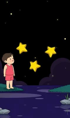 Boy juggling three yellow stars above his hands on a dark hilltop