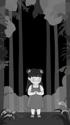 Girl standing alone among tall forest trees in a greyscale scene