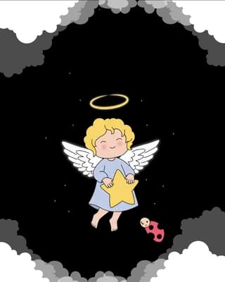 Little angel girl with a halo and wings carrying a yellow star past a ladybug