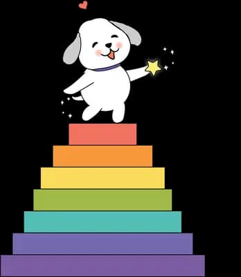 Round white creature holding a star while standing on top of a rainbow stack of steps