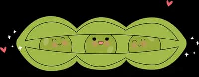 Three smiling peas nestled together inside an open green pea pod