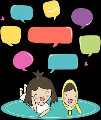 Three friends under a cluster of colorful speech bubbles