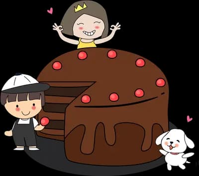 Children celebrating around a giant chocolate cake
