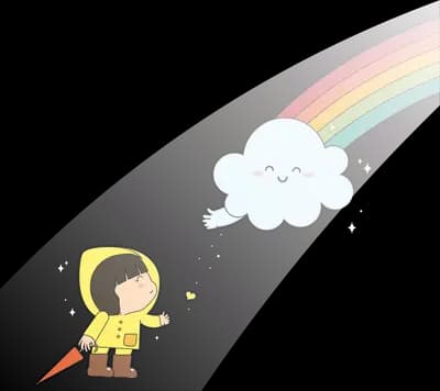 Child in a yellow raincoat watching a rainbow beside a cloud
