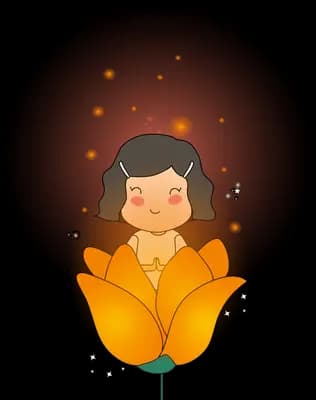 Girl seated inside a glowing orange flower bloom