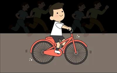 Man cycling ahead of a faded crowd on a dark band