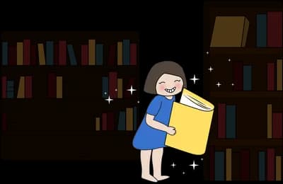 Girl choosing books in front of tall library shelves