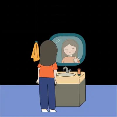 Woman at a bathroom mirror doing her morning routine