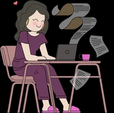 Woman at a desk on a laptop with papers flying off
