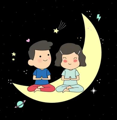 Two children sitting together on a crescent moon