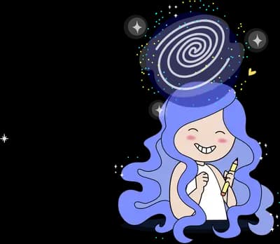 Woman with long purple hair and a swirl of thought above her head