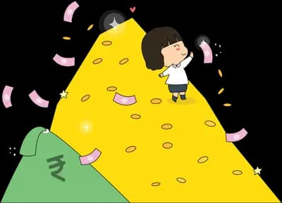 Girl sliding down a giant pile of coins and currency