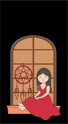 Woman in a red dress seated at an arched window