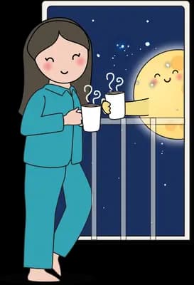 Woman in pyjamas with a mug looking out a night window