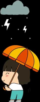 Two children sharing an orange umbrella under a storm cloud