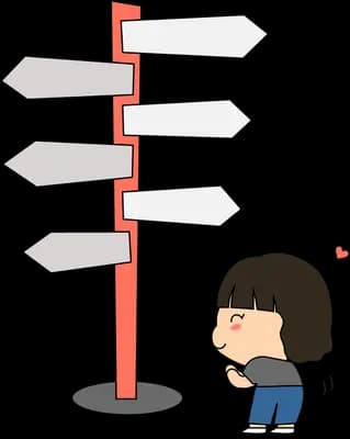 Girl looking up at a multi-armed signpost