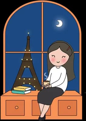 Woman on a window seat by a night city view