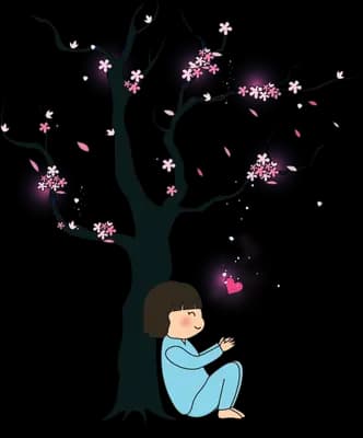 Girl sitting under a blossoming cherry tree