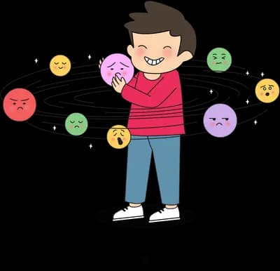 Boy surrounded by an orbit of small emoji faces