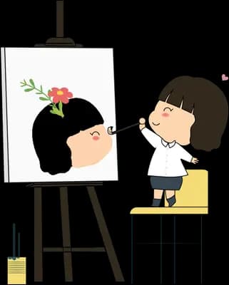 Child painting a portrait at an easel while another poses
