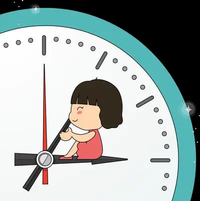 Girl leaning against the hands of a giant clock