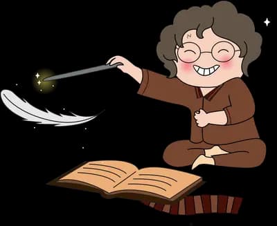 Elderly woman writing in a large open book with a quill