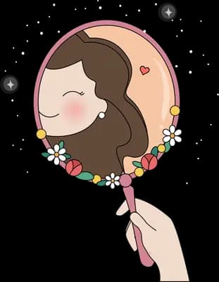Woman with a flower crown seen in a hand mirror