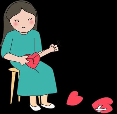 Woman on a stool holding a red heart with more at her feet