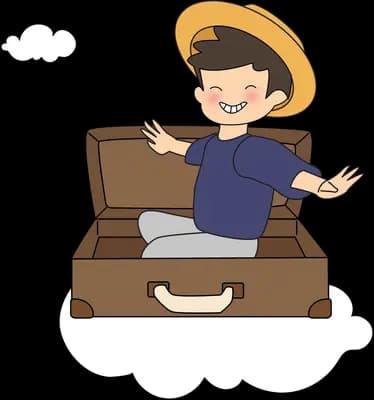 Man in a sun hat sitting in an open suitcase on a cloud