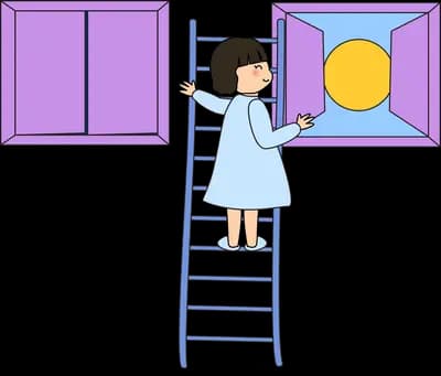 Girl on a ladder between two coloured window frames