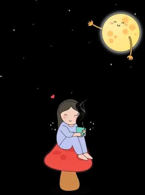 Girl standing on a mushroom reaching for the moon