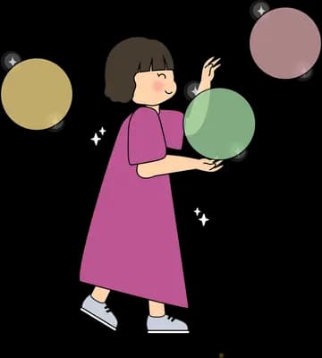Girl reaching toward large floating soap bubbles