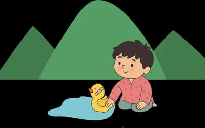 Child sitting by a stream between green hills
