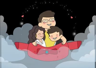 Family riding together in a red car through clouds
